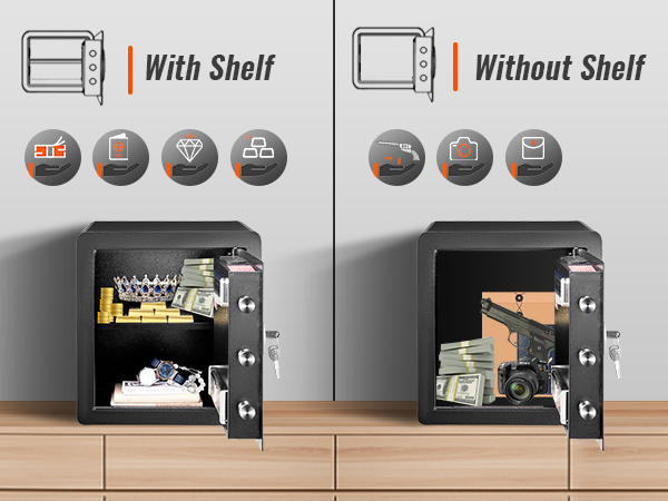 VEVOR namuose saugus su lentyna papuošalai, pinigų ir dokumentų; be lentyna didesnių daiktų, pavyzdžiui, vaizdo kameros.