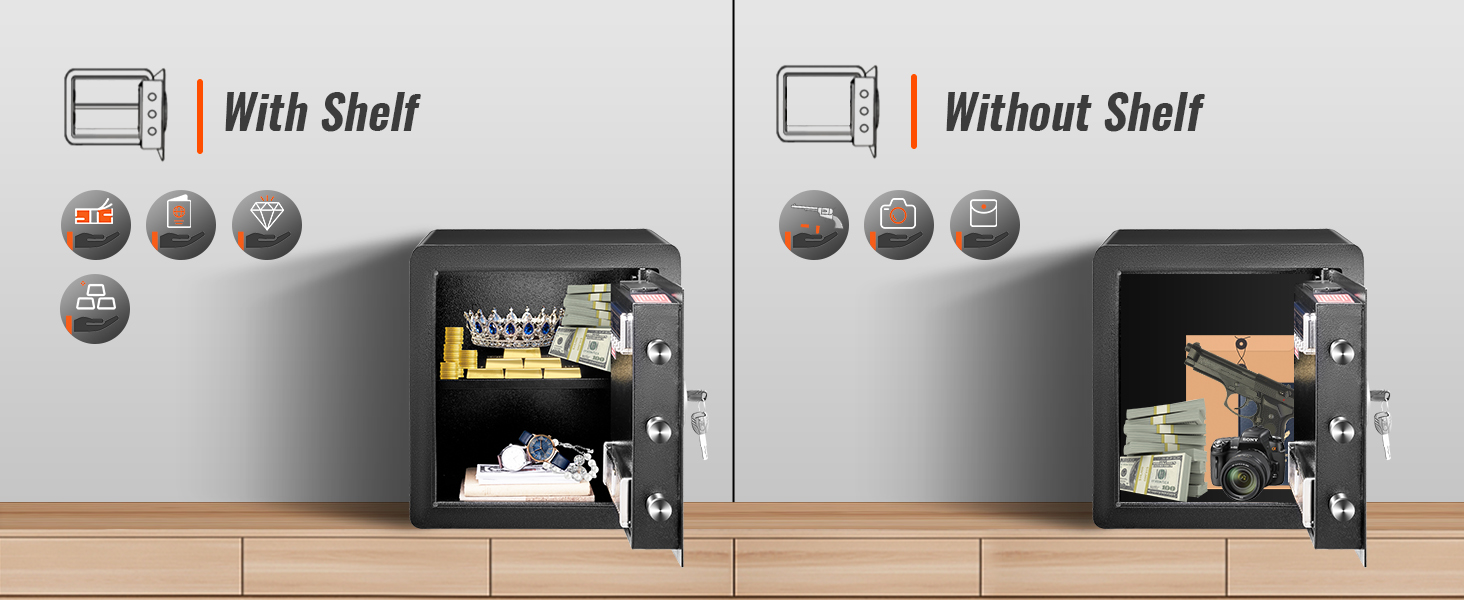 VEVOR namuose saugus su lentyna papuošalai, pinigų ir dokumentų; be lentyna didesnių daiktų, pavyzdžiui, vaizdo kameros.