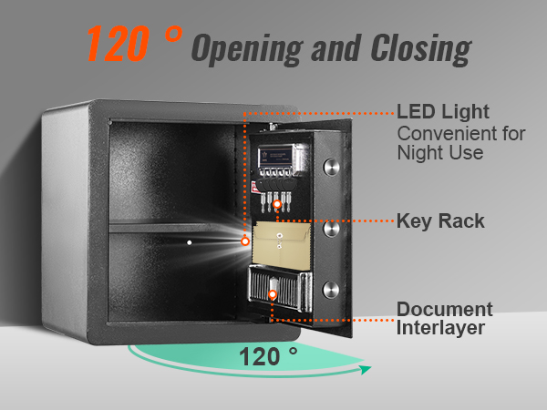 VEVOR namuose saugus su led šviesos, įrašykite stovo, ir dokumentą, tarpsluoksnio, 120° atidarymo ir uždarymo.