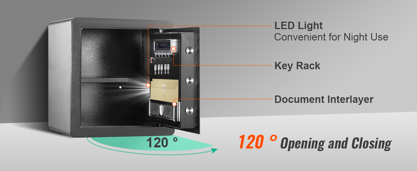 VEVOR namuose saugus su led šviesos, įrašykite stovo, ir dokumentą, tarpsluoksnio, 120° atidarymo ir uždarymo.