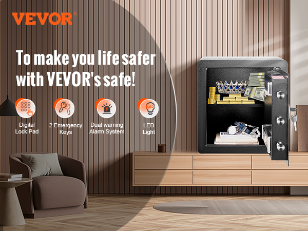 VEVOR home safe with digital lock pad, emergency keys, dual warning alarm, and led light.