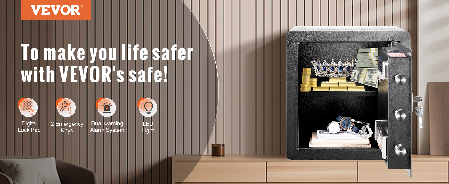 VEVOR home safe with digital lock pad, emergency keys, dual warning alarm, and led light.