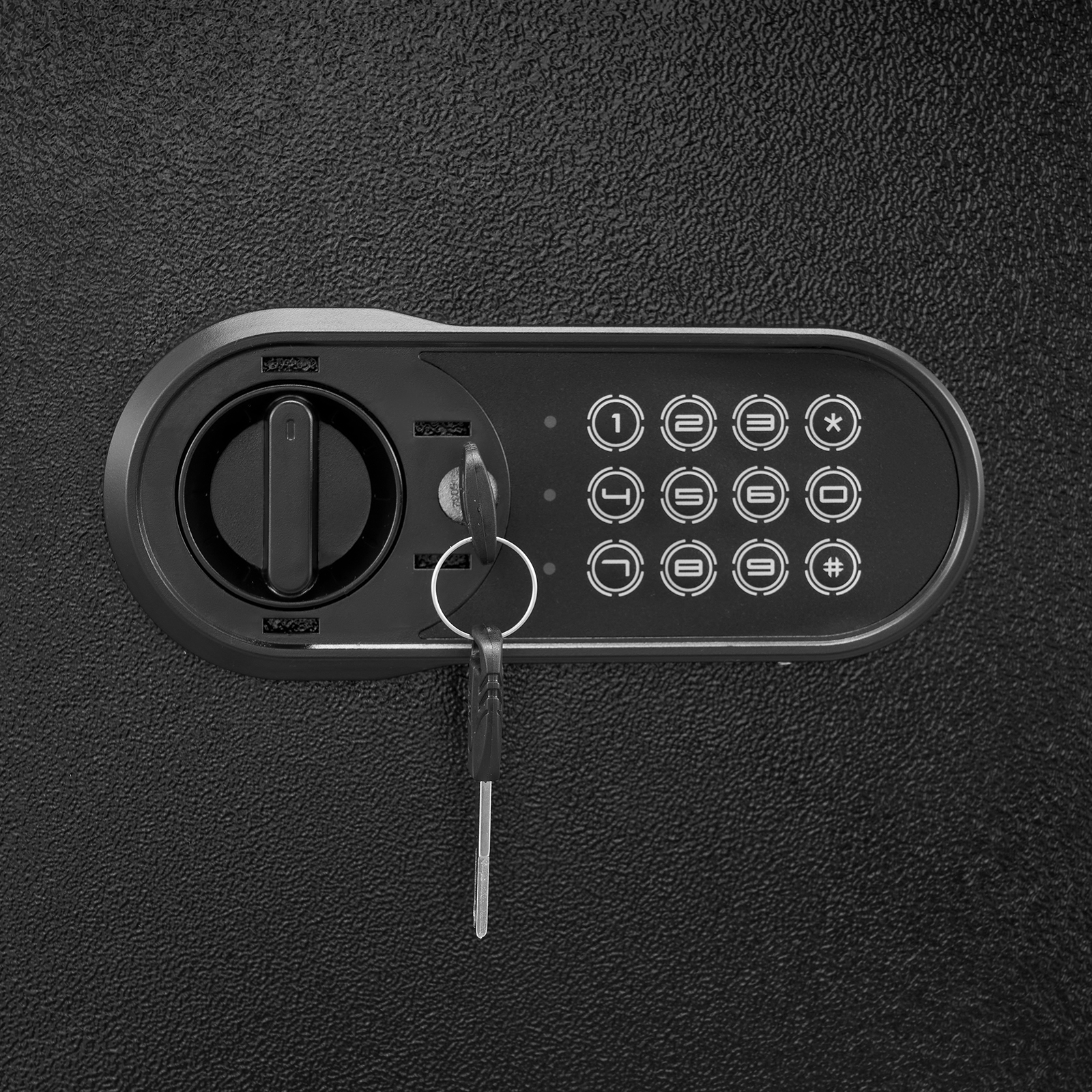 keypad lock panel of VEVOR home safe with a key inserted, against a textured black background.