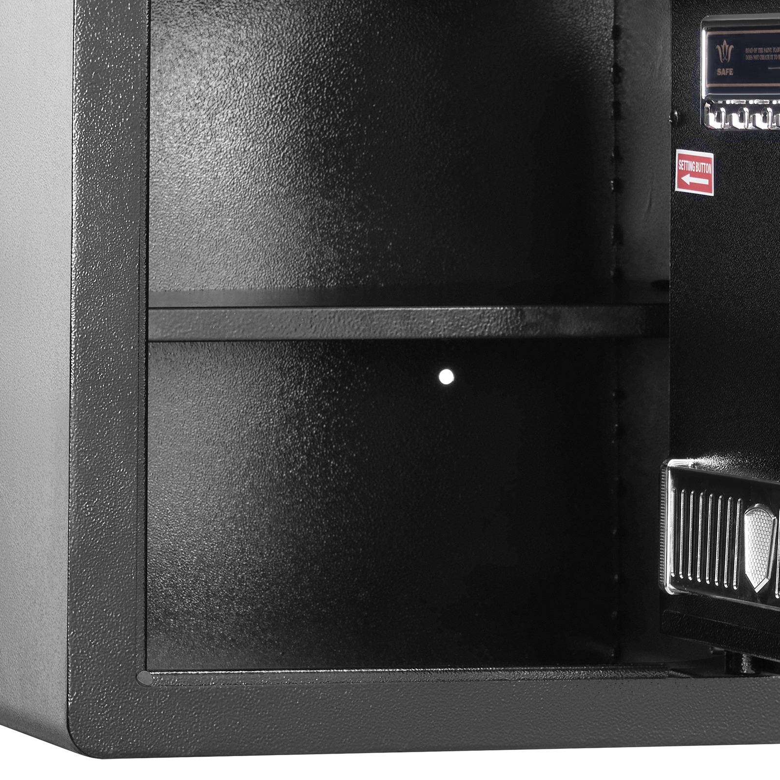 black interior of VEVOR home safe with a secure locking mechanism and a shelf inside.