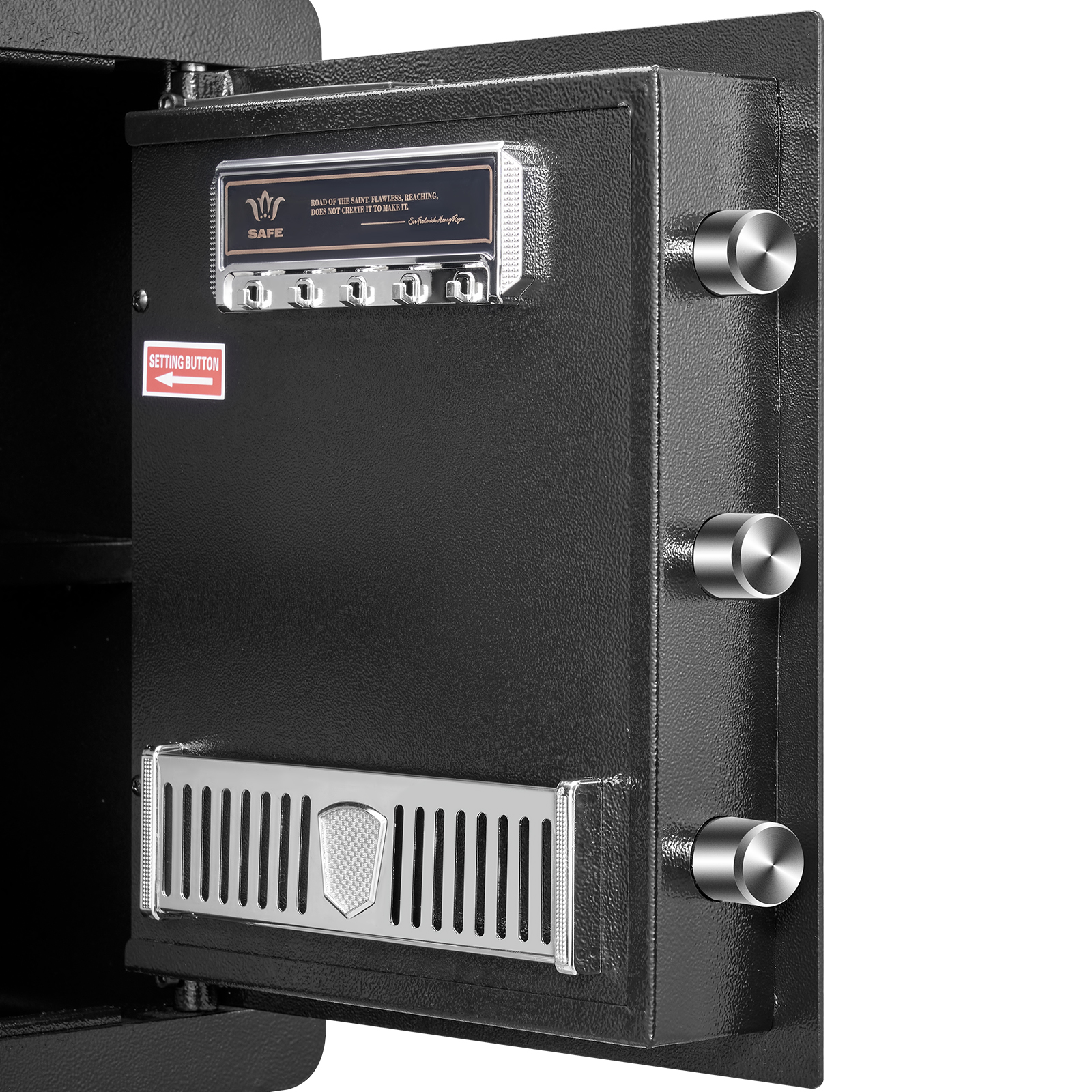 VEVOR home safe with three secure bolts, combination lock, and a setting button on the interior door.