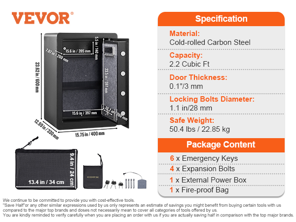 VEVOR home safe dimensions and accessories, with material and capacity details.