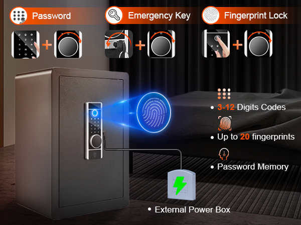 VEVOR home safe with digital keypad, fingerprint scanner, and emergency key access in a bedroom.
