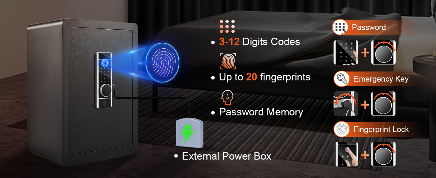 VEVOR home safe with digital keypad, fingerprint scanner, and emergency key access in a bedroom.