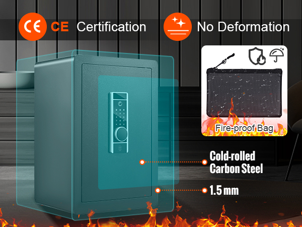 VEVOR home safe with cold-rolled carbon steel, 1.5mm thickness, ce certification, and fire-proof bag.