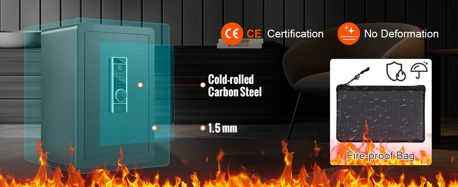 VEVOR home safe with cold-rolled carbon steel, 1.5mm thickness, ce certification, and fire-proof bag.