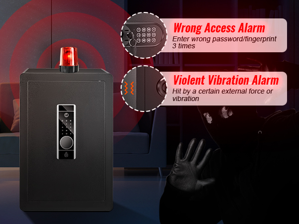 VEVOR home safe with wrong access and violent vibration alarms in a modern living room setting.