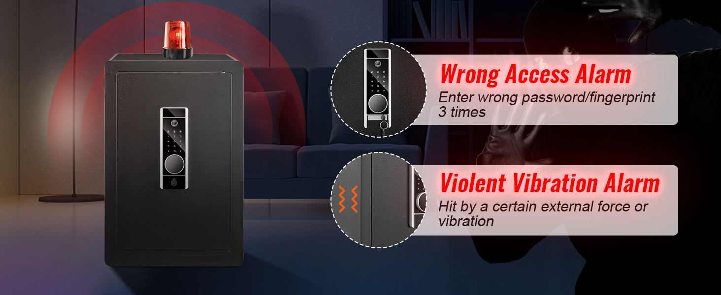 VEVOR home safe with wrong access and violent vibration alarms in a modern living room setting.