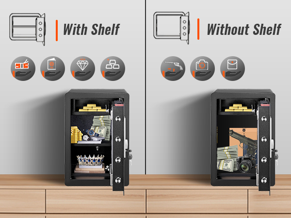 VEVOR home safe with and without shelf, showcasing valuables like cash, gold, and valuables.