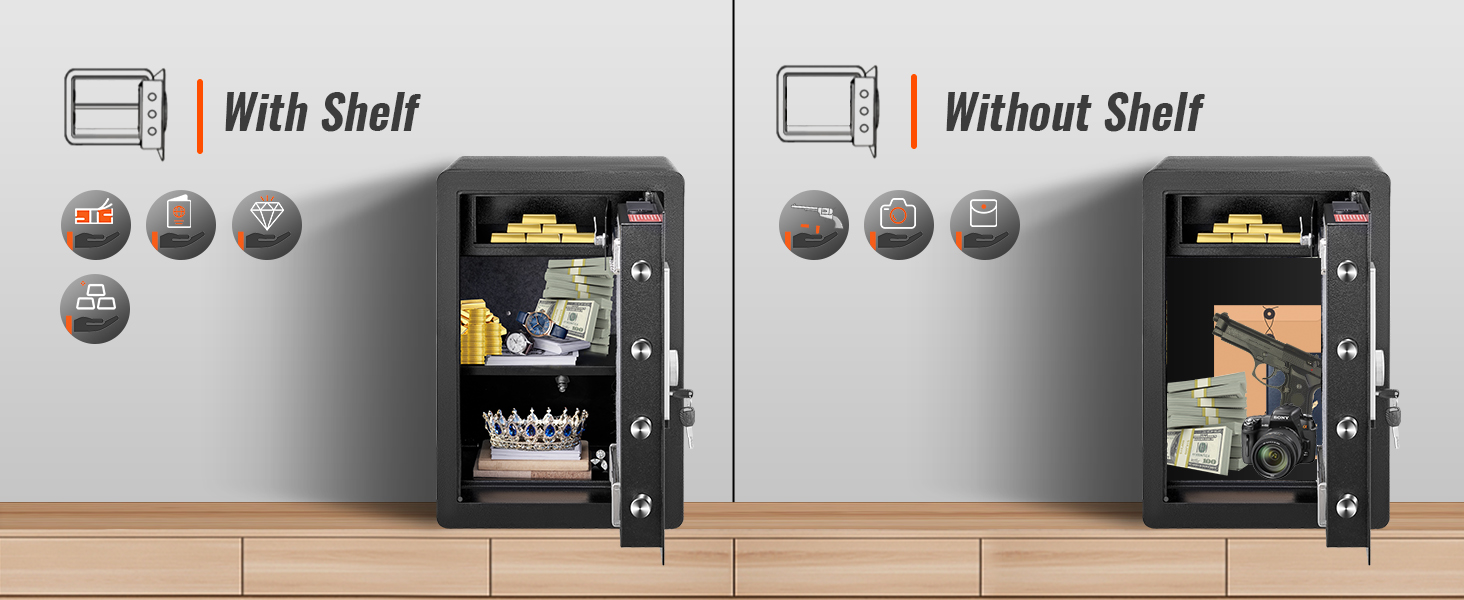 VEVOR home safe with and without shelf, showcasing valuables like cash, gold, and valuables.
