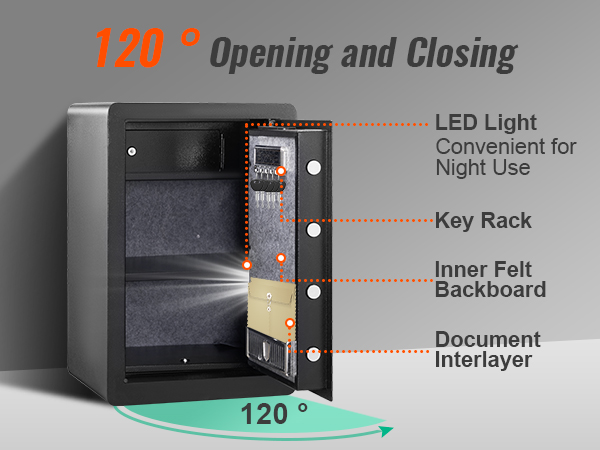 VEVOR home safe with led light, key rack, inner felt backboard, and document interlayer. 120° opening.
