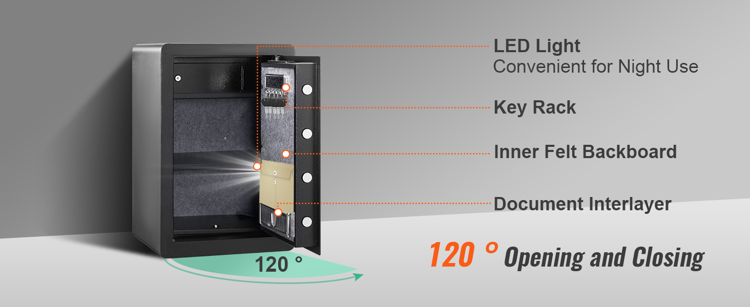 VEVOR home safe with led light, key rack, inner felt backboard, and document interlayer. 120° opening.