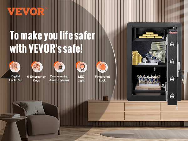 VEVOR home safe with digital lock pad, emergency keys, alarm, led light, and fingerprint lock.