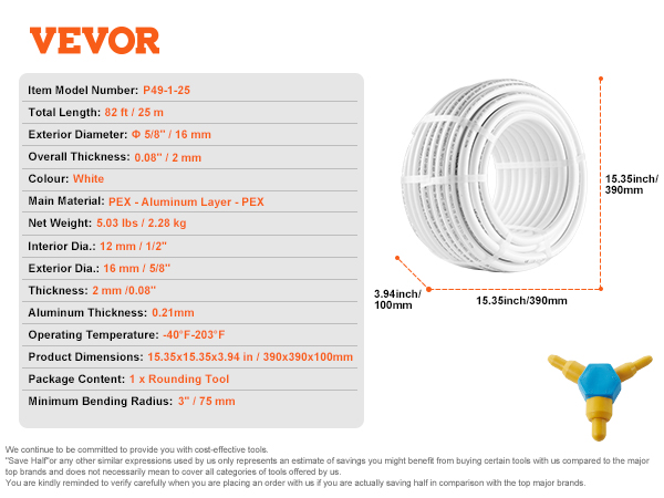 VEVOR pex-al-pex tubing, 82ft, white, 16mm exterior diameter, 5.03 lbs, includes 1 rounding tool.