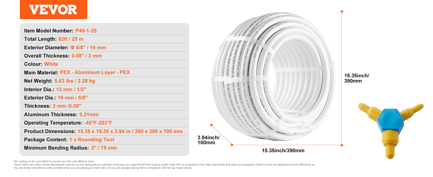 VEVOR pex-al-pex tubing, 82ft, white, 16mm exterior diameter, 5.03 lbs, includes 1 rounding tool.