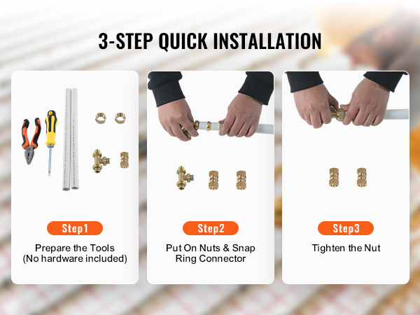 3-step installation of VEVOR pex-al-pex tubing: tools, nuts & snap ring, tighten nut.