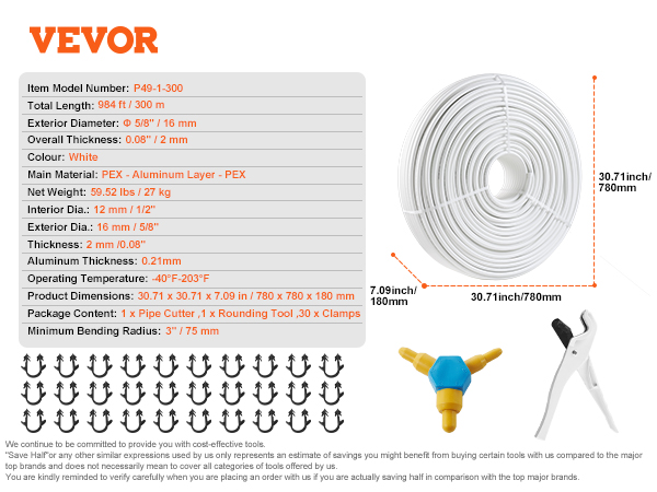 VEVOR pex-al-pex tube, 984ft, white, with pipe cutter, rounding tool, and 30 clamps included.