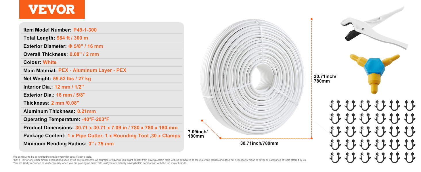 VEVOR pex-al-pex tube, 984ft, white, with pipe cutter, rounding tool, and 30 clamps included.