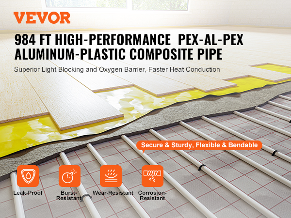 VEVOR pex-al-pex tube, 984 ft aluminum-plastic composite pipe, leak-proof, burst-resistant, wear-resistant.