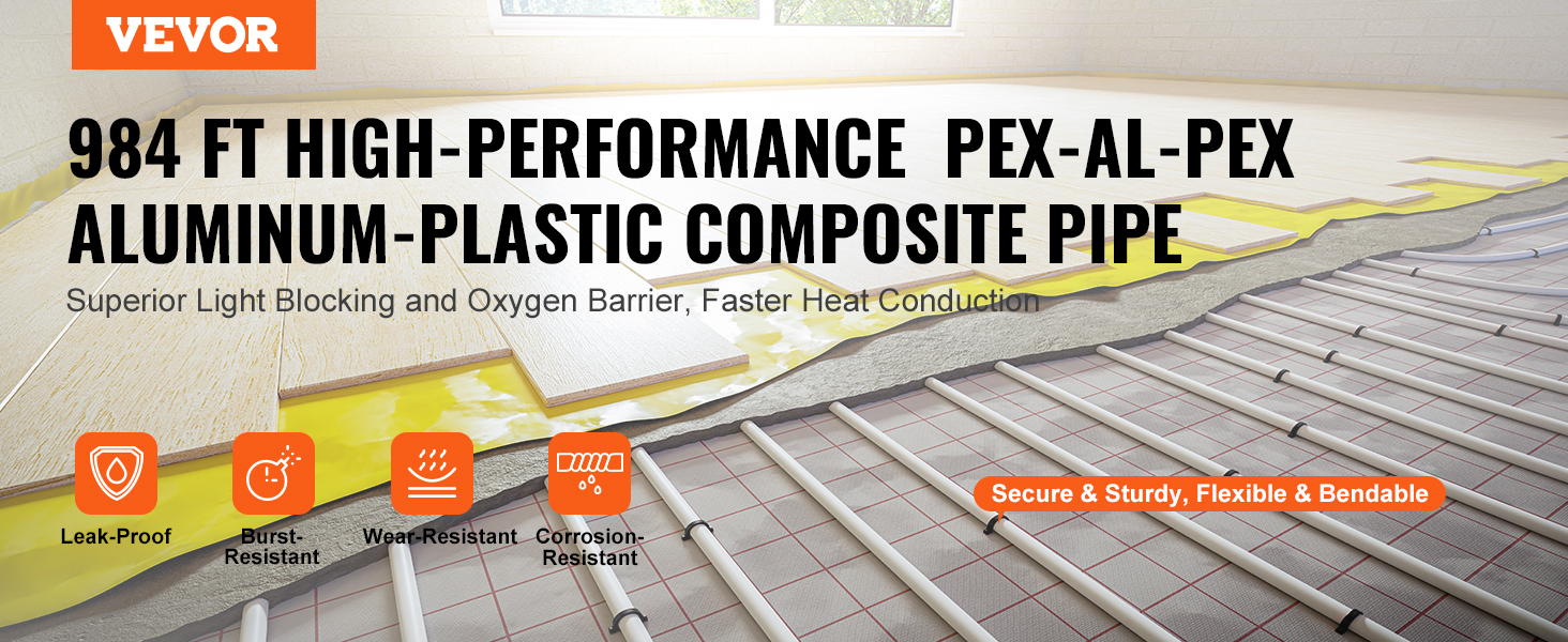 VEVOR pex-al-pex tube, 984 ft aluminum-plastic composite pipe, leak-proof, burst-resistant, wear-resistant.