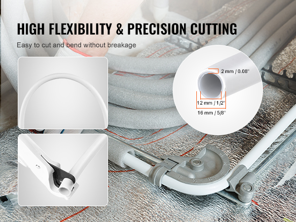 VEVOR pex-al-pex tube showcasing high flexibility, precision cutting, and easy bending without breakage.