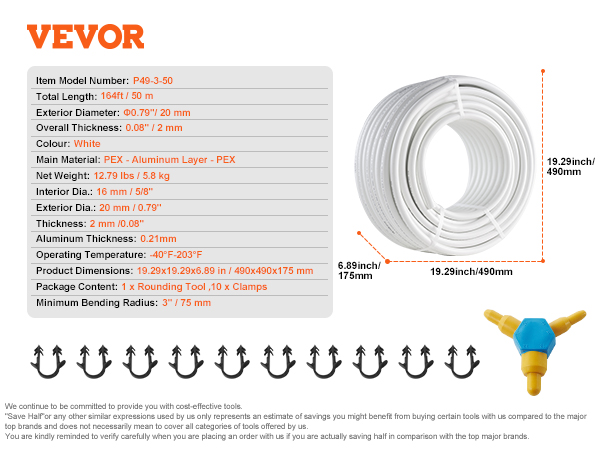 VEVOR pex-al-pex tubing bundle with dimensions and accompanying parts, white coil and accessories.