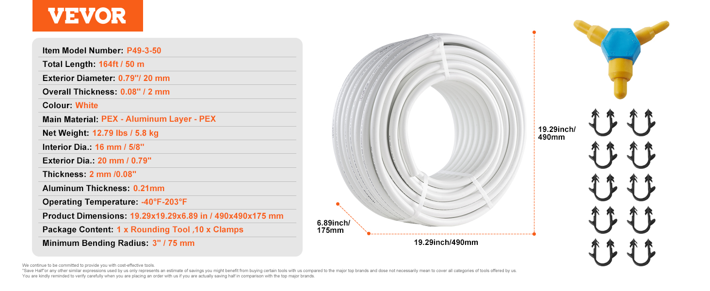 VEVOR pex-al-pex tubing bundle with dimensions and accompanying parts, white coil and accessories.