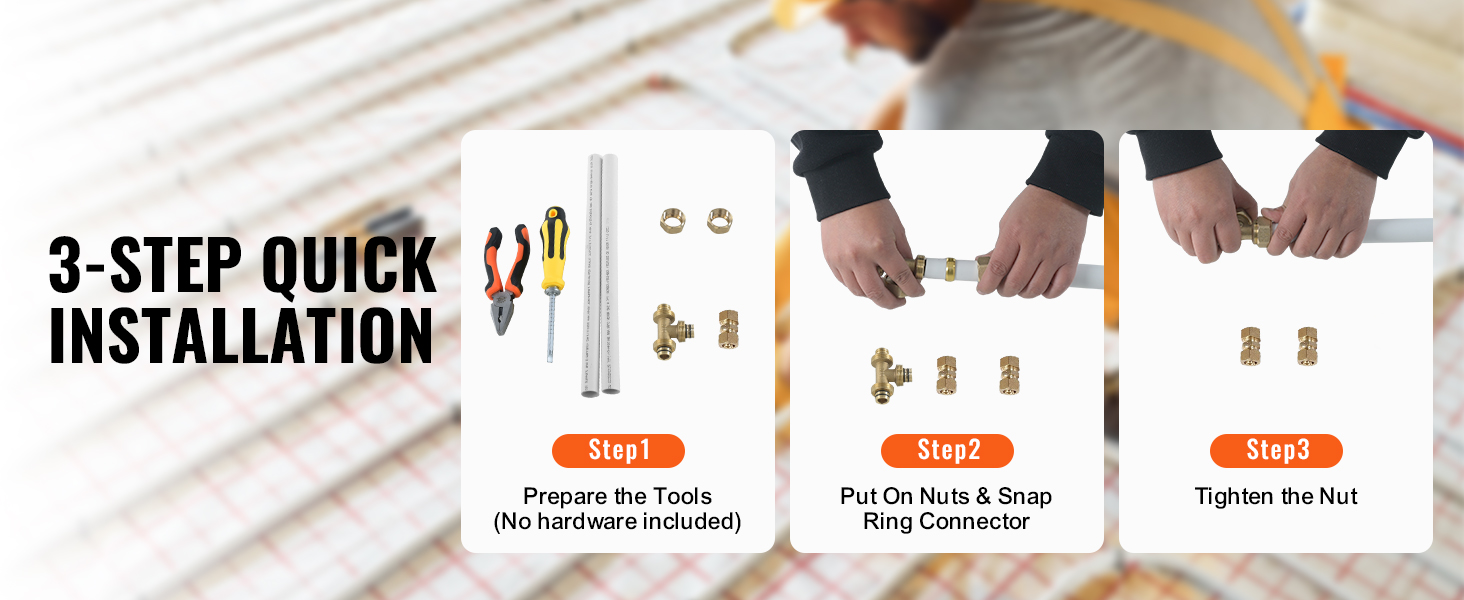 3-step quick installation guide for VEVOR pex-al-pex tubing: tools, snap ring connector, and tightening.