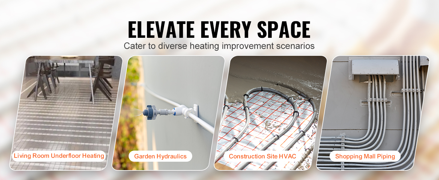 VEVOR pex-al-pex tubing for living room heating, garden hydraulics, construction hvac, and mall piping.