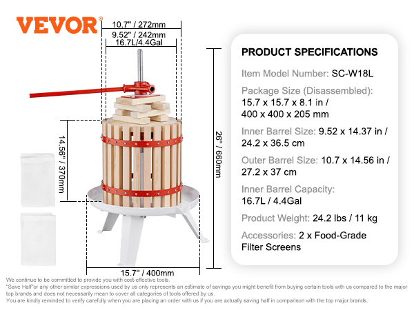 VEVOR fruit wine press with dimensions and accessories, including food-grade filter screens.