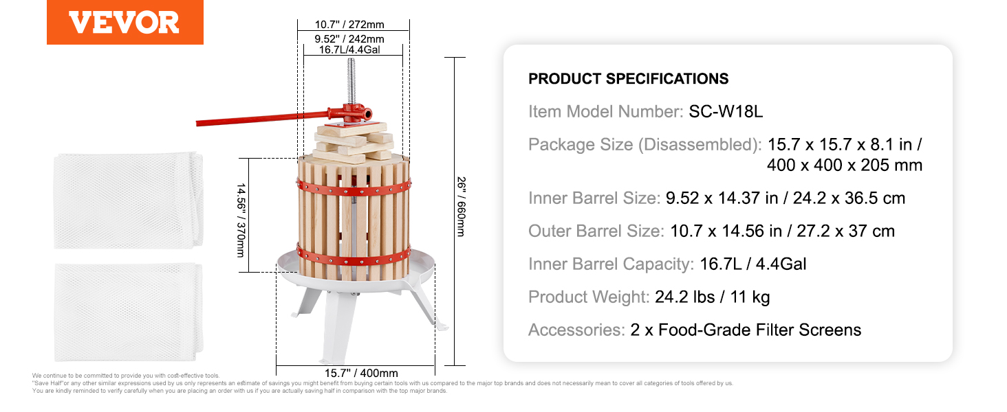 VEVOR fruit wine press with dimensions and accessories, including food-grade filter screens.