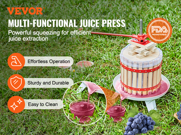 VEVOR fruit wine press for efficient juice extraction, effortless operation, sturdy, and easy to clean.