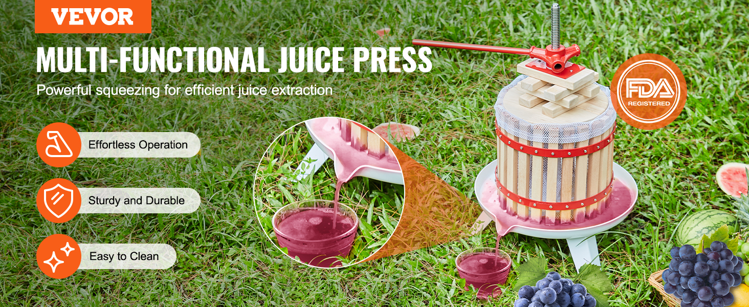 VEVOR fruit wine press for efficient juice extraction, effortless operation, sturdy, and easy to clean.