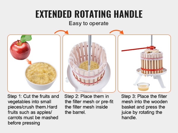 extended handle for VEVOR fruit wine press operation: cut, place in filter, and press for juice.