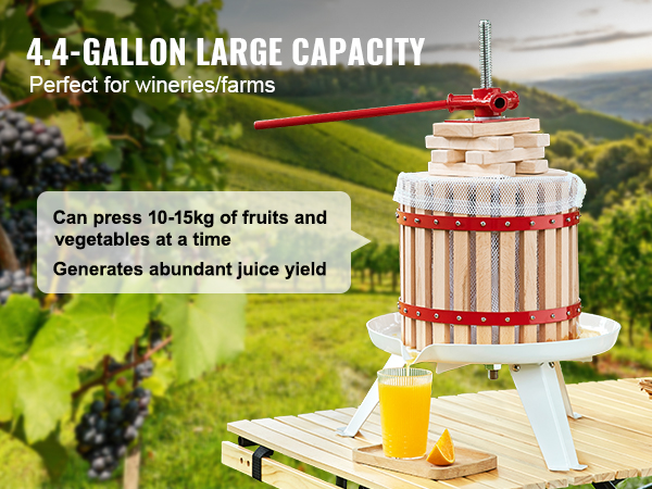 VEVOR fruit wine press in vineyard, 4.4-gallon capacity, fresh juice, ideal for wineries and farms.