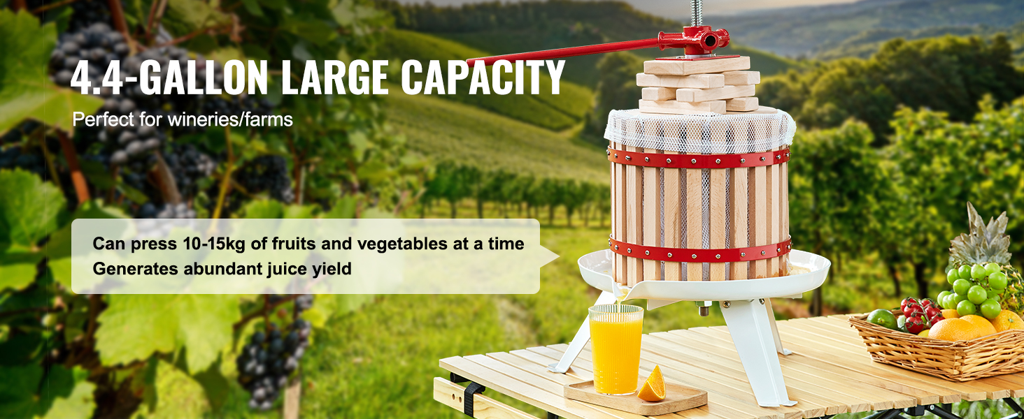 VEVOR fruit wine press in vineyard, 4.4-gallon capacity, fresh juice, ideal for wineries and farms.