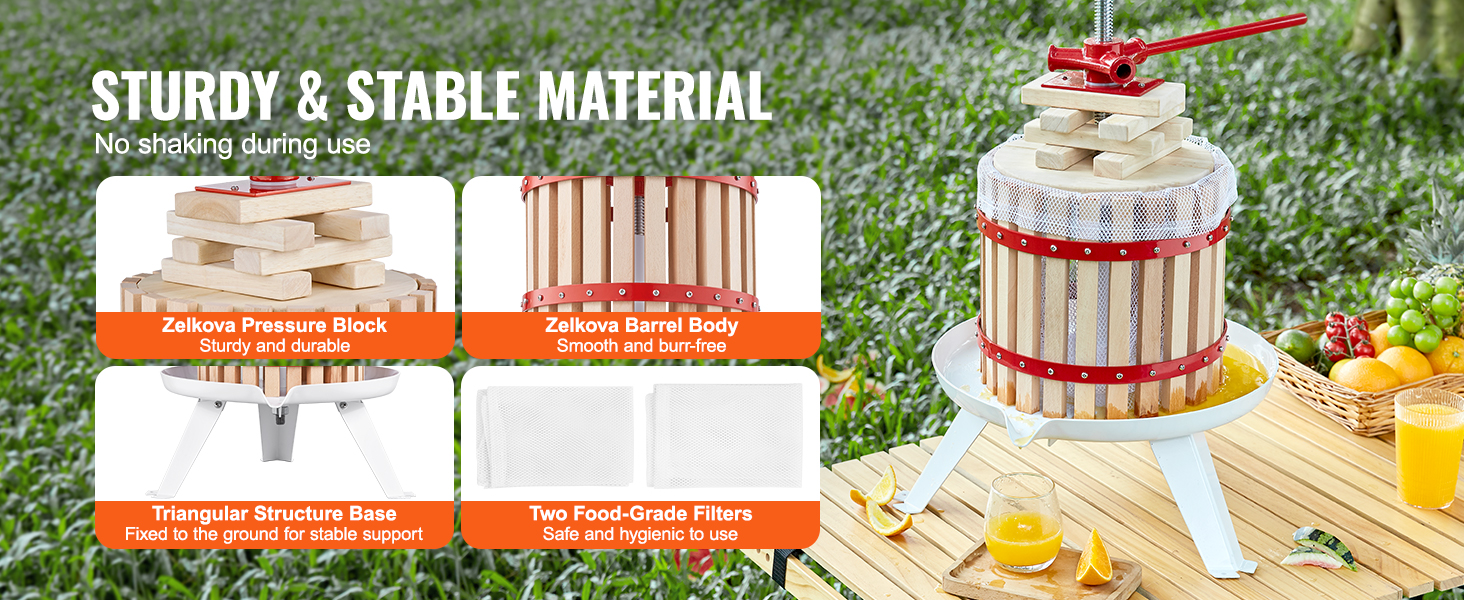 VEVOR fruit wine press with zelkova pressure block and barrel, triangular base, and food-grade filters.