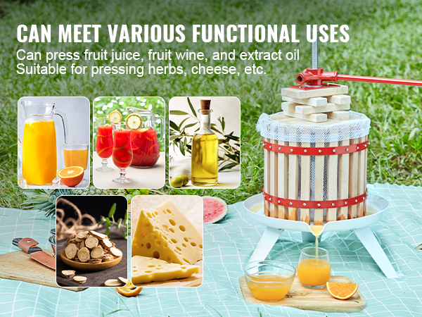 VEVOR fruit wine press in use for making juice, extracting oil, pressing herbs, and cheese.