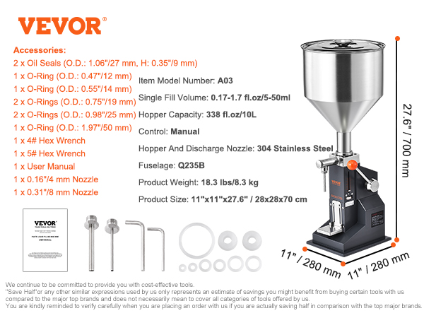 VEVOR manual paste liquid filling machine specs, dimensions, and accessories with stainless steel nozzle.