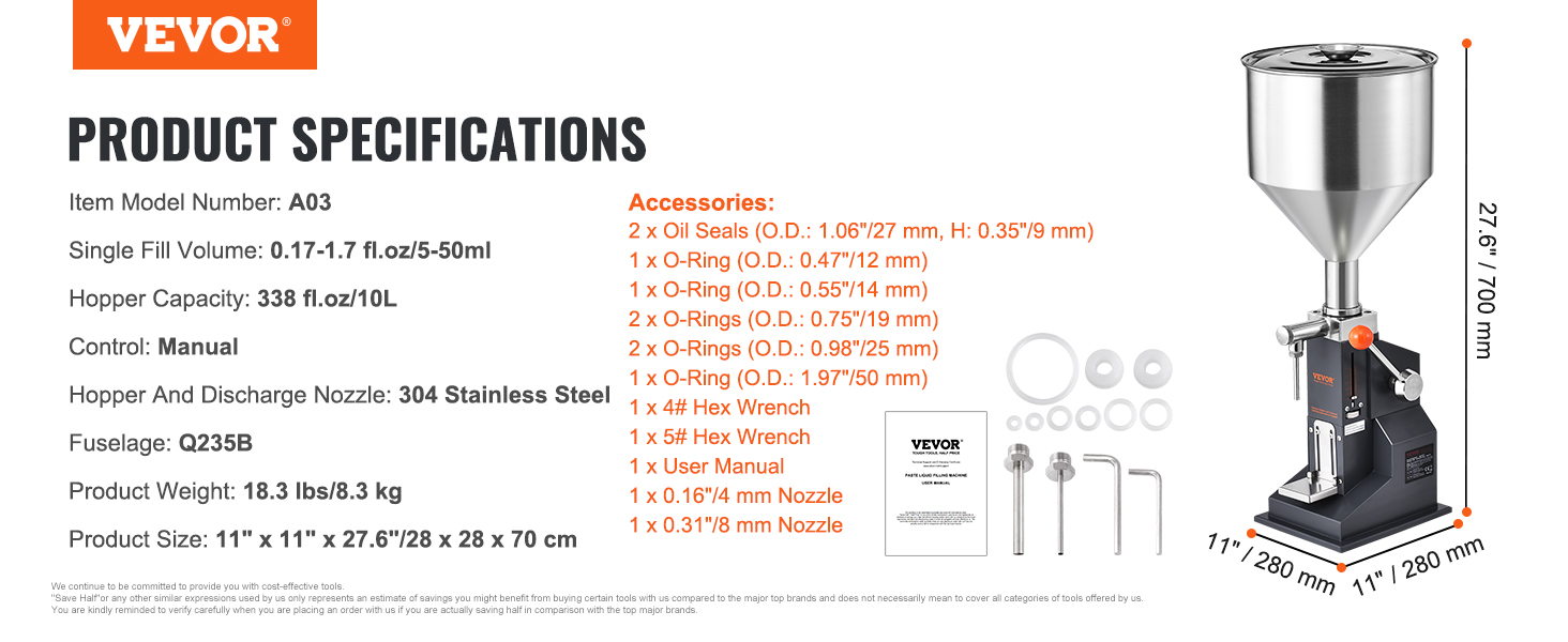 VEVOR manual paste liquid filling machine specs, dimensions, and accessories with stainless steel nozzle.