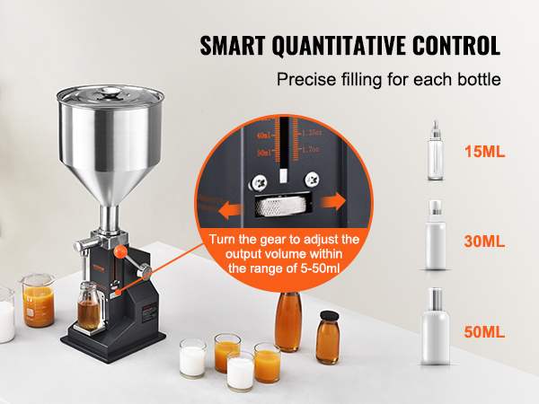 VEVOR manual paste liquid filling machine with adjustable output 5-50ml, showing 15ml, 30ml, 50ml bottles.