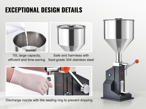 VEVOR manual paste liquid filling machine highlights: 10l capacity, food-grade 304 stainless steel, anti-drip nozzle.