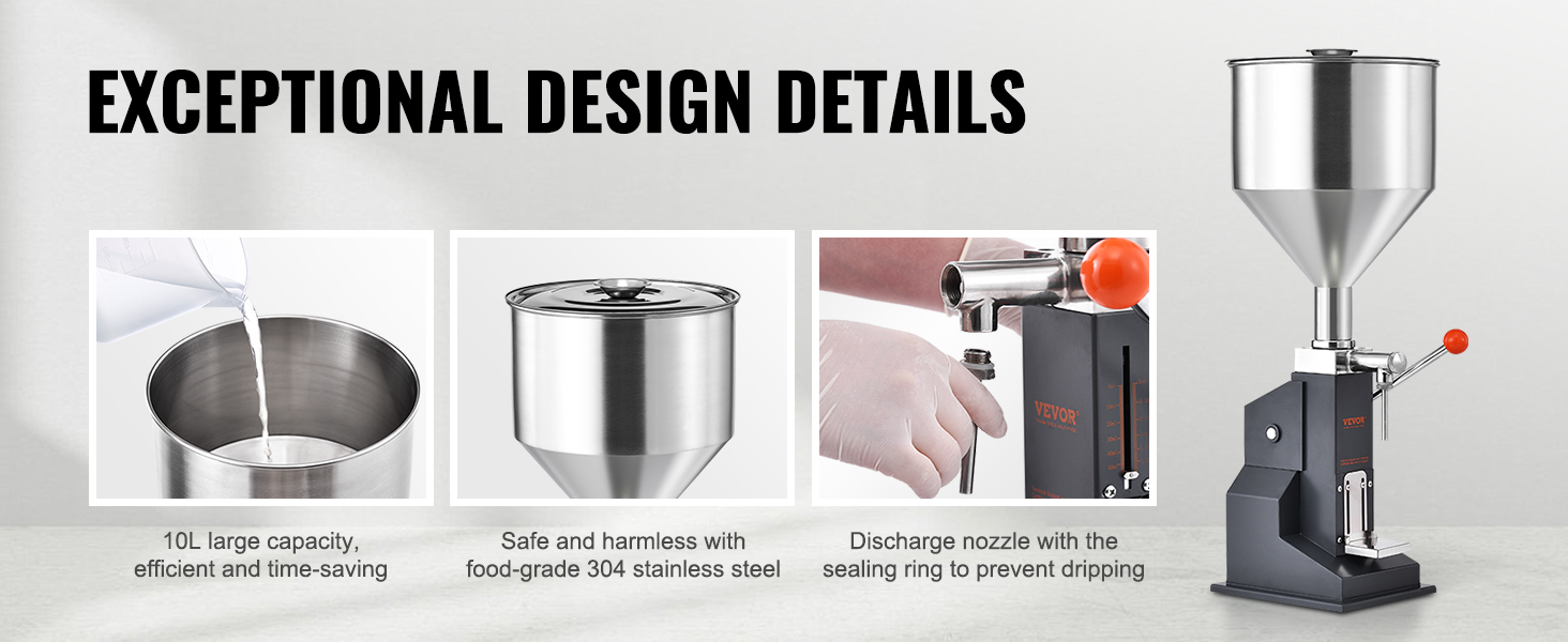 VEVOR manual paste liquid filling machine highlights: 10l capacity, food-grade 304 stainless steel, anti-drip nozzle.