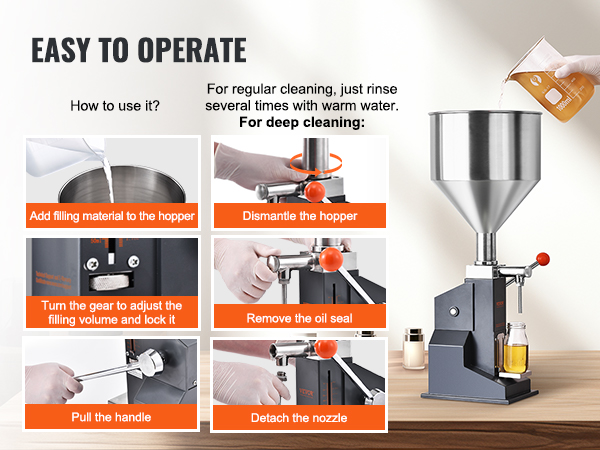 easy-to-operate VEVOR manual paste liquid filling machine with cleaning steps and usage instructions.