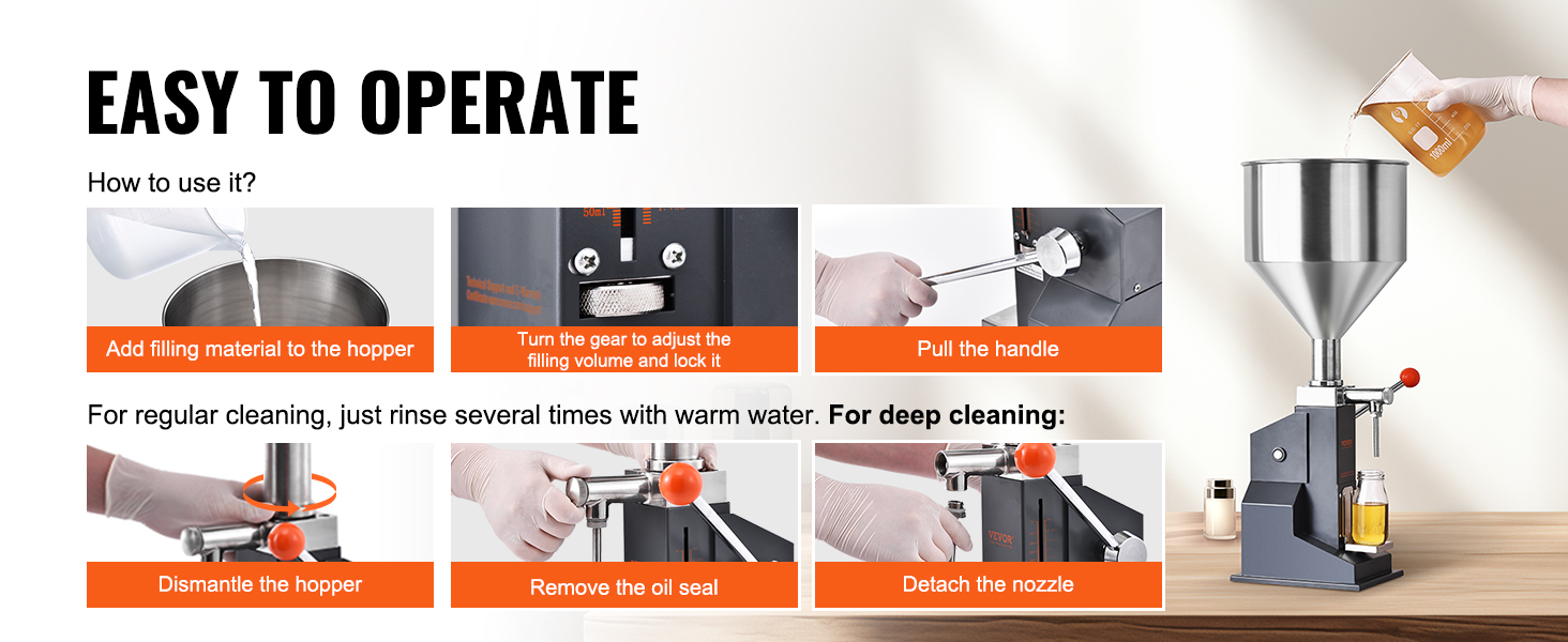 easy-to-operate VEVOR manual paste liquid filling machine with cleaning steps and usage instructions.