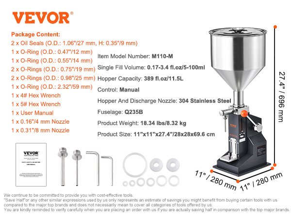 VEVOR liquid filling machine m110-m, manual control, 389 fl.oz hopper, 304 stainless steel, accessories.